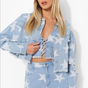 Festival Star Print Ripped Denim Jacket